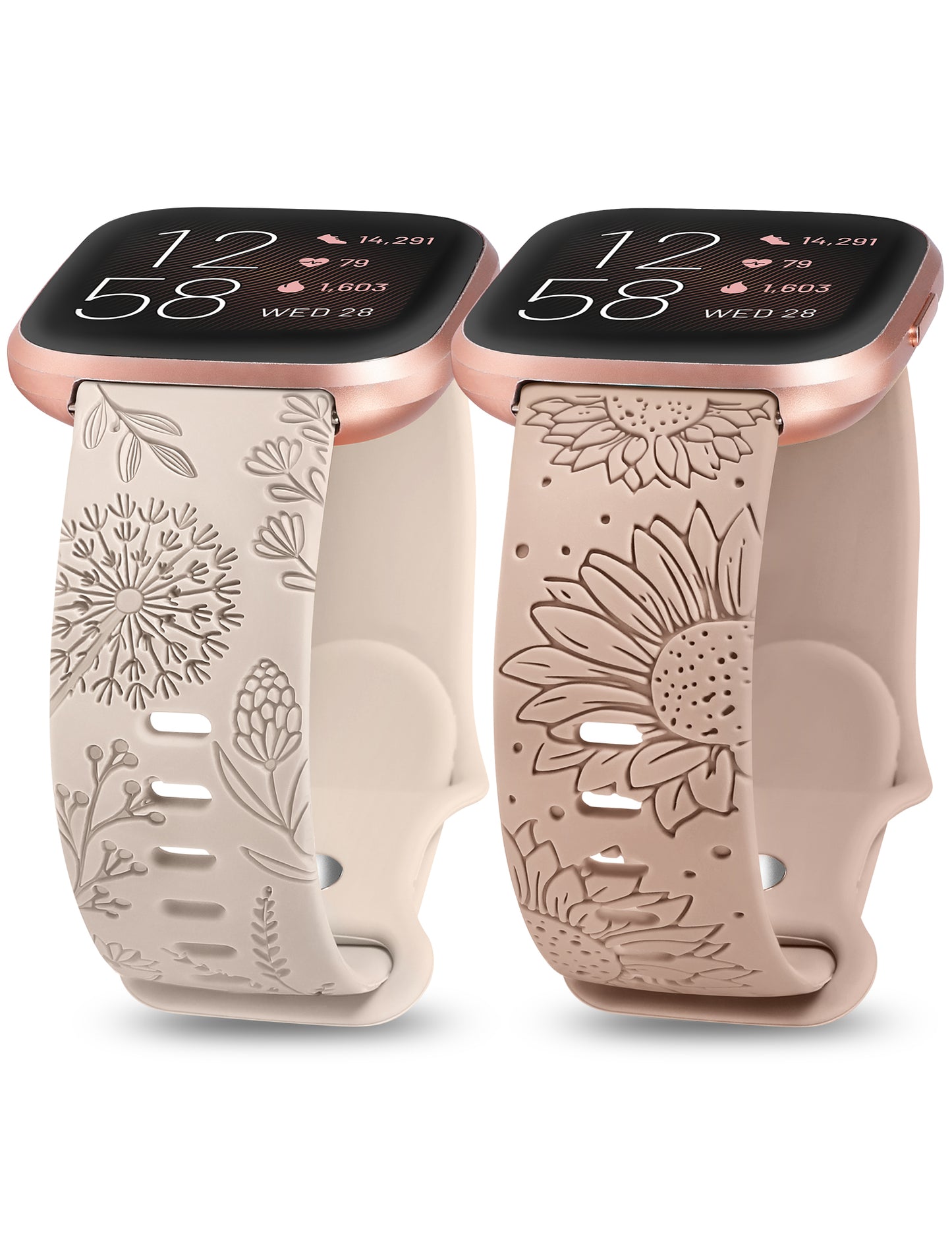 Minyee 2 Packs Floral Engraved Band Compatible with Fitbit Versa 2/Fitbit Versa/Versa Lite Bands Women, Cute Soft Silicone Sunflower Dandelion Sport Designer Fancy Summer Strap for Versa 2 Smart Watch