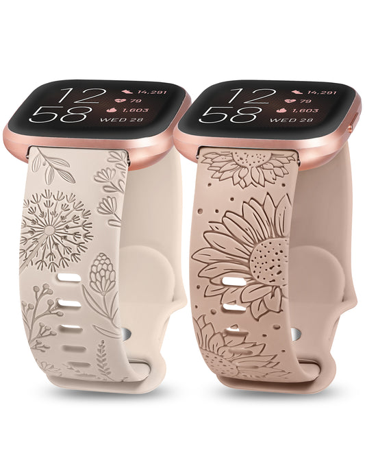 Minyee 2 Packs Floral Engraved Band Compatible with Fitbit Versa 2/Fitbit Versa/Versa Lite Bands Women, Cute Soft Silicone Sunflower Dandelion Sport Designer Fancy Summer Strap for Versa 2 Smart Watch