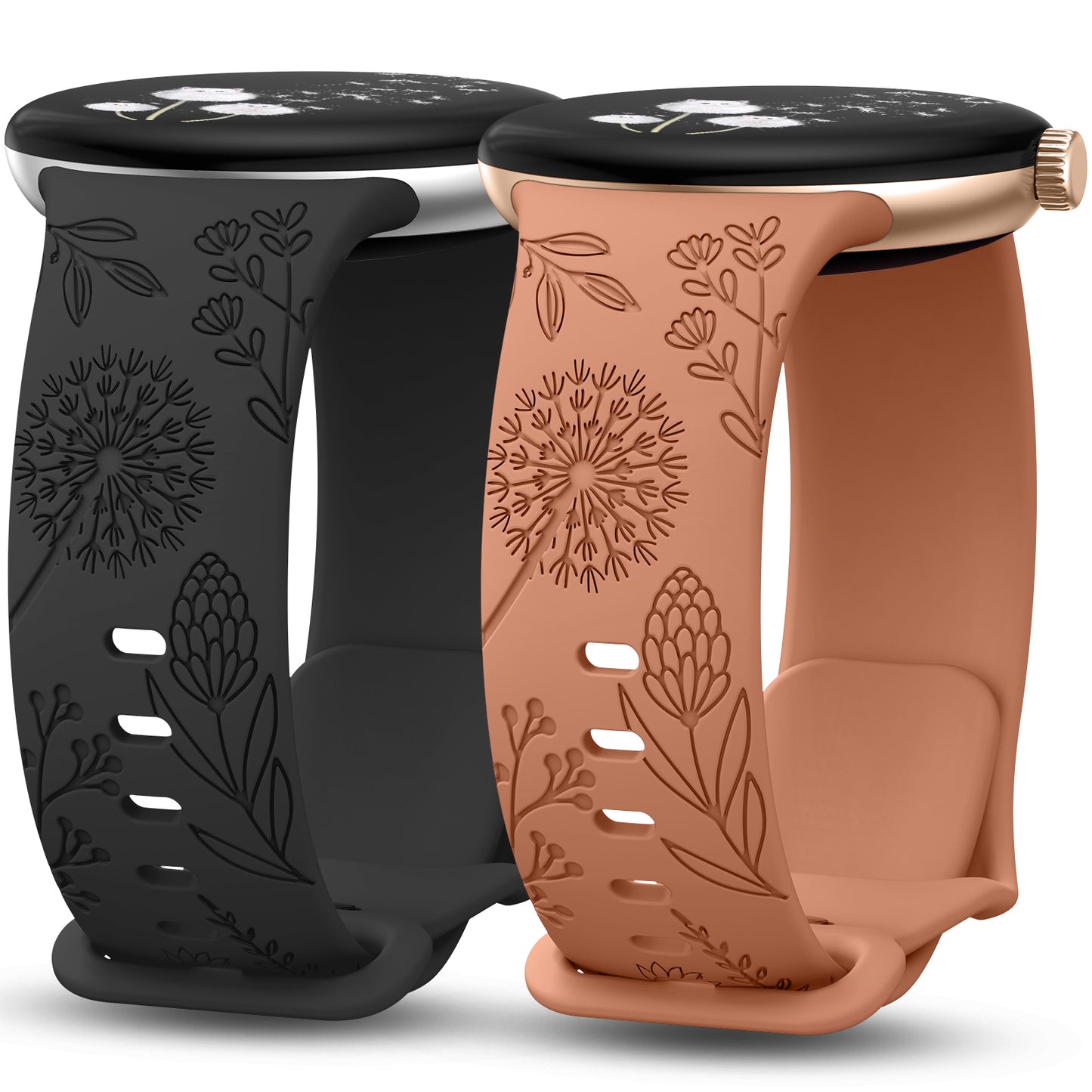 Minyee 2 Packs Floral Engraved Bands Compatible with Google Pixel Watch 3/4, Cute Soft Silicone Flower Sport Fancy Straps for Women