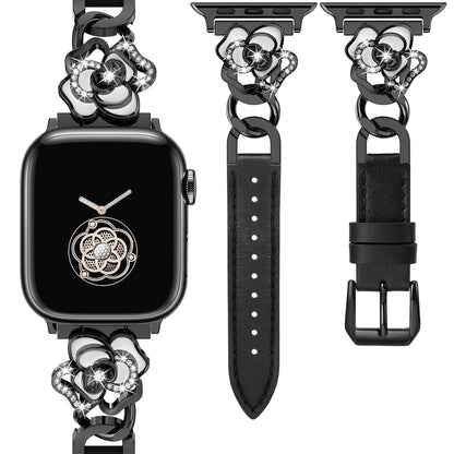Minyee Compatible with Apple Watch Band 41/40/38/44/45/46/49/42mm Women, Dressy Slim Elegant Leather Metal Link Chain Strap with Bling Camellia Charms for iWatch Ultra 2 Series 10/9/8/7/6/5/4/3/2/1/SE
