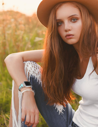Minyee Leather Band Compatible with Apple Watch Band Women 42/46/38/40/41/44/45/49mm, Boho Western Turquoise Vintage Cowboy Retro Jewelry Adjustable Strap for iWatch Series 10 9 SE 8 7 6 5 4 3 Ultra
