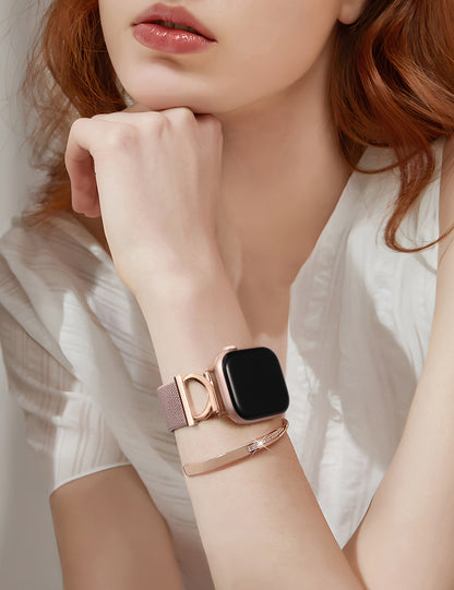 Minyee Stretchy Magnetic Band Compatible with Apple Watch Bands 38/40/41/42/44/45/46/49mm Women, Elastic Nylon Dressy Designer C-Shape Metal Strap for iWatch Series 11 10 9 8 7 6 5 4 SE/Ultra 3 2 1