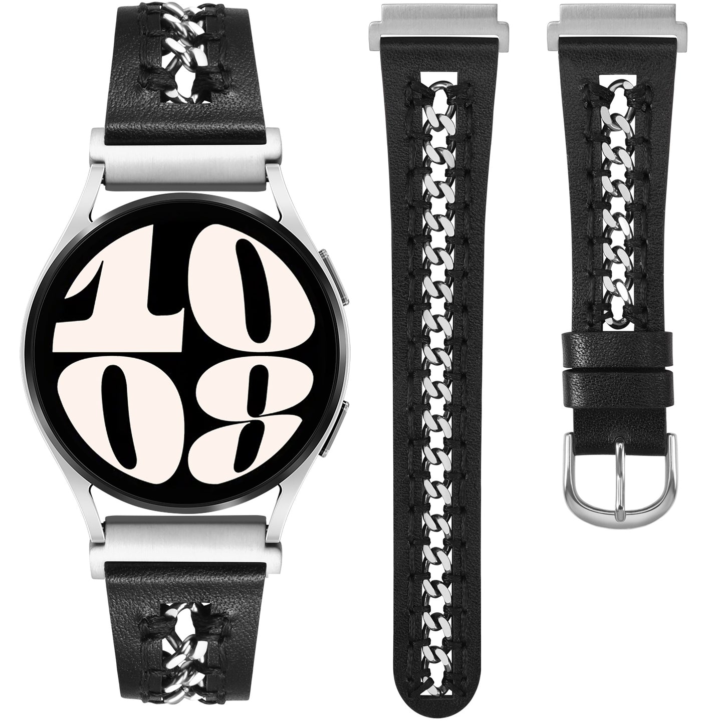 Minyee Leather Band Compatible with Samsung Galaxy Watch 7/6/5/4/FE/Active 2 40mm 44mm/Watch 6 Classic 43/47mm/Watch 5 Pro 45mm Bands, 20mm Dressy Leather Strap with Stainless Steel Metal Chain Women