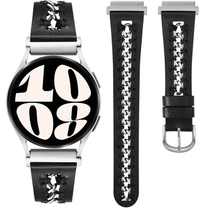 Minyee Leather Band Compatible with Samsung Galaxy Watch 7/6/5/4/FE/Active 2 40mm 44mm/Watch 6 Classic 43/47mm/Watch 5 Pro 45mm Bands, 20mm Dressy Leather Strap with Stainless Steel Metal Chain Women
