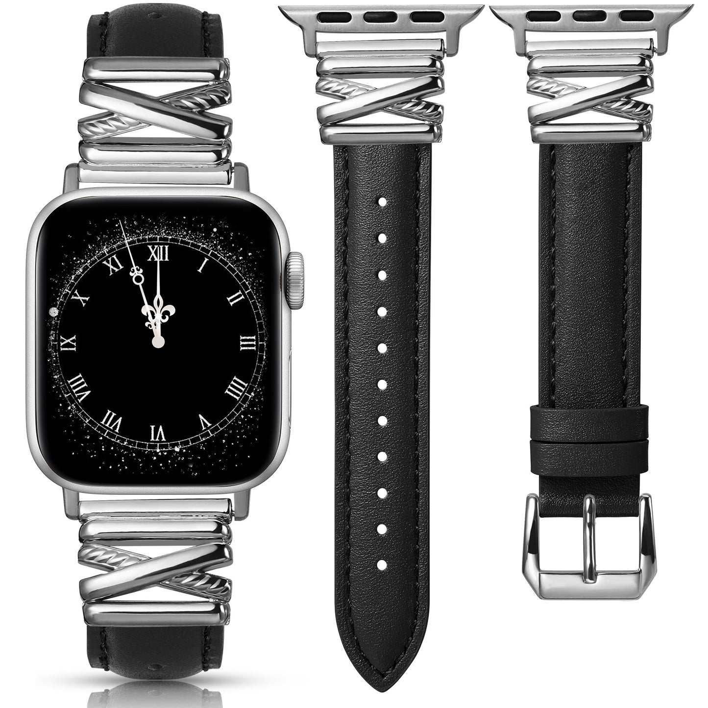 Minyee Leather Bands Compatible with Apple Watch 38/40/41/42/44/45/46/49mm Women, Dressy Slim Premium Leather Strap with Designer X-Shape Metal Buckle for iWatch Series 10 9 Ultra SE 8 7 6 5 4 3 2 1