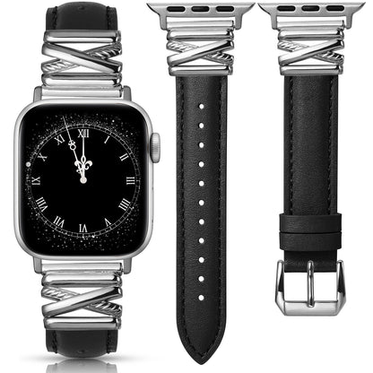 Minyee Leather Bands Compatible with Apple Watch 38/40/41/42/44/45/46/49mm Women, Dressy Slim Premium Leather Strap with Designer X-Shape Metal Buckle for iWatch Series 10 9 Ultra SE 8 7 6 5 4 3 2 1