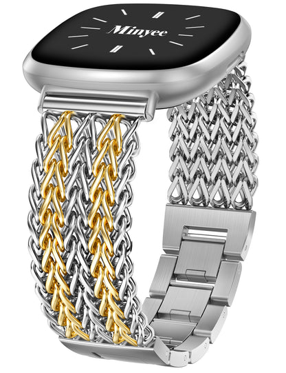 Minyee Metal Bands Compatible with Fitbit Sense 2/Versa 4/Versa 3/Sense Bands Women, Dressy Stainless Steel Multi-chain Designer Luxury Link Bracelet Wristband Replacement Strap