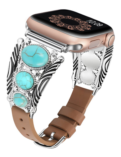 Minyee Leather Band Compatible with Apple Watch Band Women 42/46/38/40/41/44/45/49mm, Boho Western Turquoise Vintage Cowboy Retro Jewelry Adjustable Strap for iWatch Series 10 9 SE 8 7 6 5 4 3 Ultra
