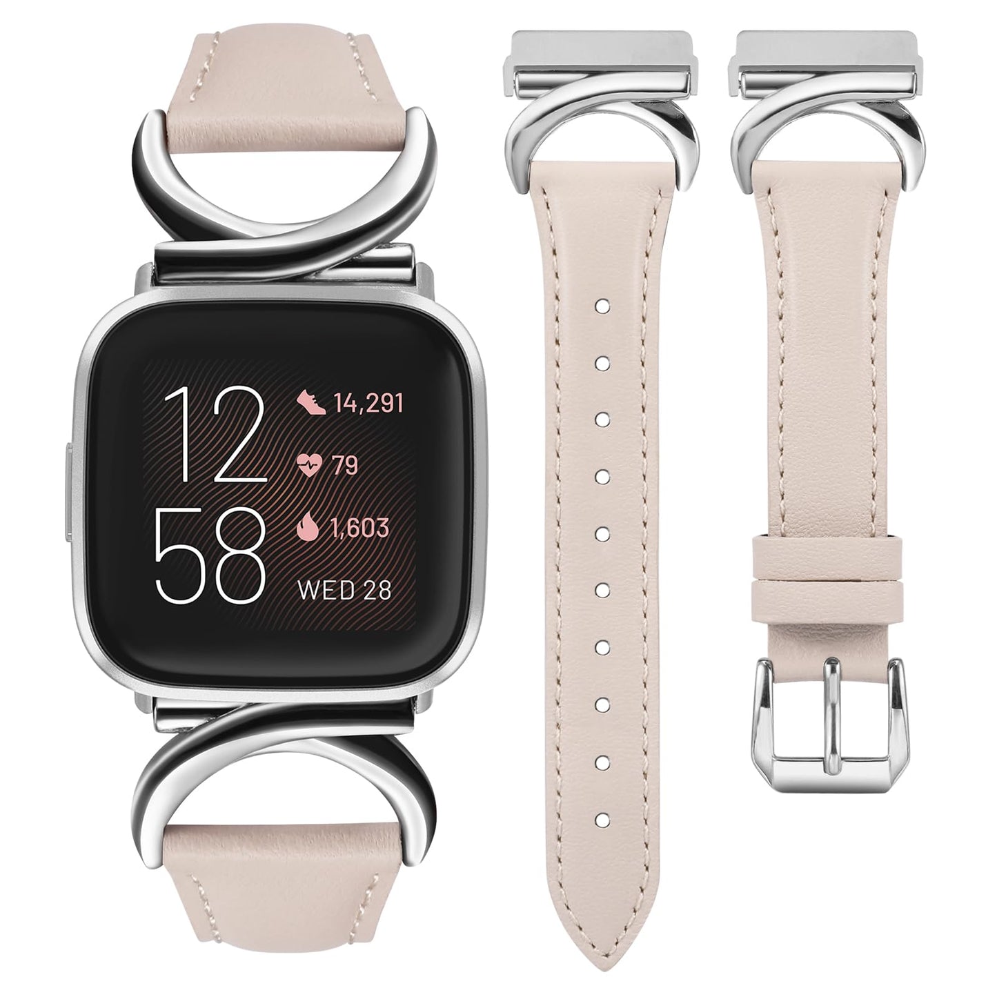 Minyee Leather Band Compatible with Fitbit Versa 2/Fitbit Versa/Versa Lite Bands Women, Slim Thin Dressy Designer Premium Leather Strap with C-Shape Metal Buckle for Versa 2 Smartwatch Accessories