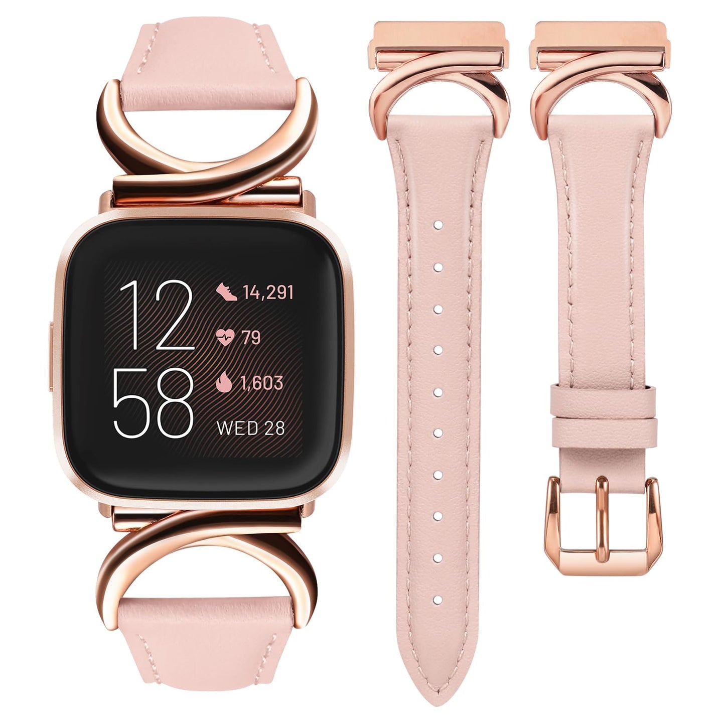 Minyee Leather Band Compatible with Fitbit Versa 2/Fitbit Versa/Versa Lite Bands Women, Slim Thin Dressy Designer Premium Leather Strap with C-Shape Metal Buckle for Versa 2 Smartwatch Accessories