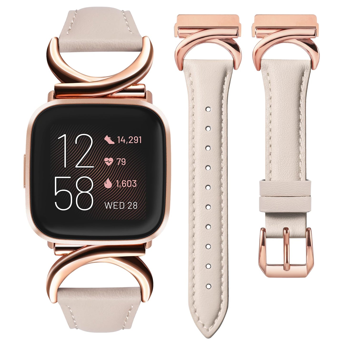 Minyee Leather Band Compatible with Fitbit Versa 2/Fitbit Versa/Versa Lite Bands Women, Slim Thin Dressy Designer Premium Leather Strap with C-Shape Metal Buckle for Versa 2 Smartwatch Accessories