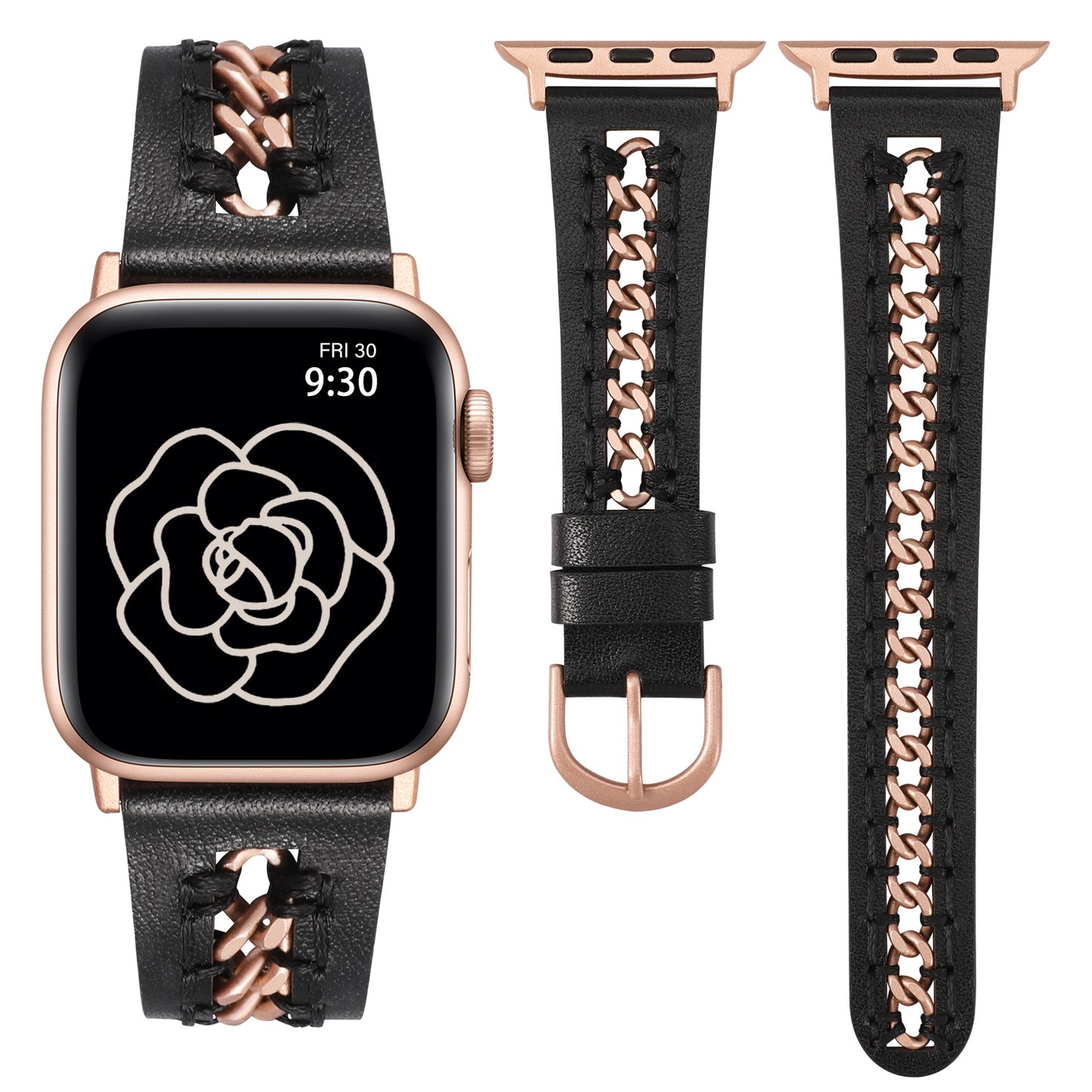 Minyee Leather Band Compatible with Apple Watch Bands 38/40/41/42/44/45/46/49mm Women,Dressy Premium Leather Strap with Stainless Steel Metal Chain for iWatch Ultra 2 Series 10/9/8/7/6/5/4/3/2/1/SE