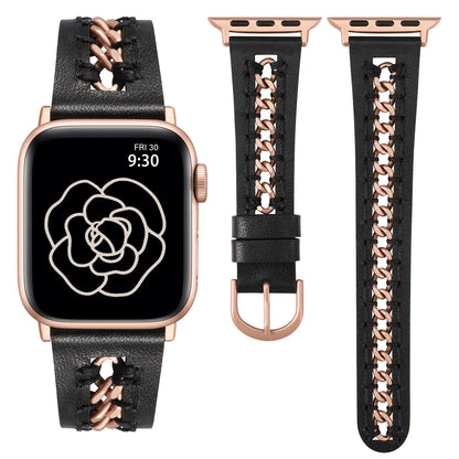 Minyee Leather Band Compatible with Apple Watch Bands 38/40/41/42/44/45/46/49mm Women,Dressy Premium Leather Strap with Stainless Steel Metal Chain for iWatch Ultra 2 Series 10/9/8/7/6/5/4/3/2/1/SE