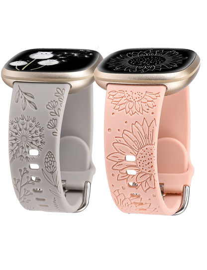 Minyee 2 Packs Floral Engraved Band Compatible with Fitbit Versa 4/Versa 3/Sense 2/Sense Band Women, Cute Silicone Dandelion Sunflower Design Soft Sport Fancy Summer Strap for Versa 4