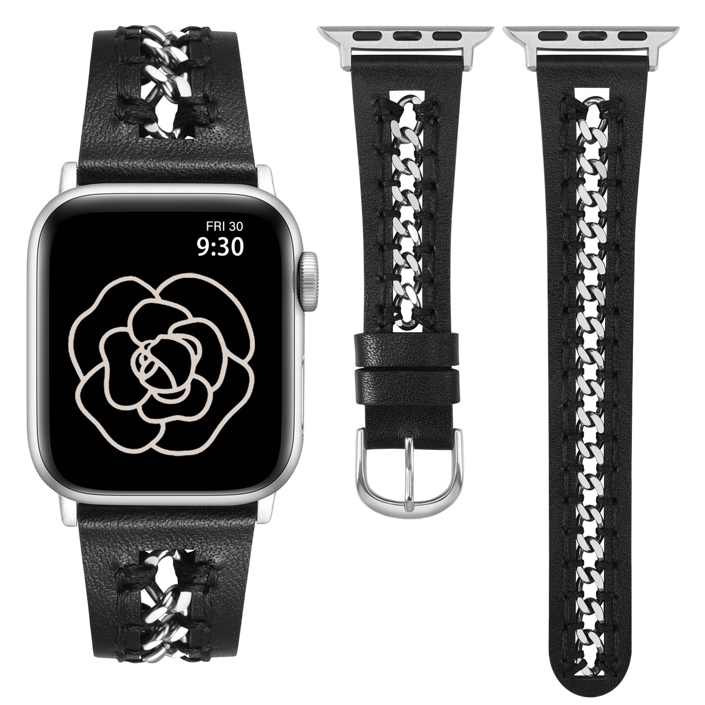Minyee Leather Band Compatible with Apple Watch Bands 38/40/41/42/44/45/46/49mm Women,Dressy Premium Leather Strap with Stainless Steel Metal Chain for iWatch Ultra 2 Series 10/9/8/7/6/5/4/3/2/1/SE
