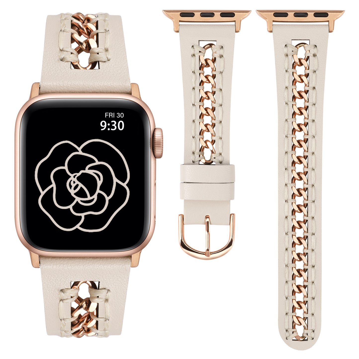 Minyee Leather Band Compatible with Apple Watch Bands 38/40/41/42/44/45/46/49mm Women,Dressy Premium Leather Strap with Stainless Steel Metal Chain for iWatch Ultra 2 Series 10/9/8/7/6/5/4/3/2/1/SE