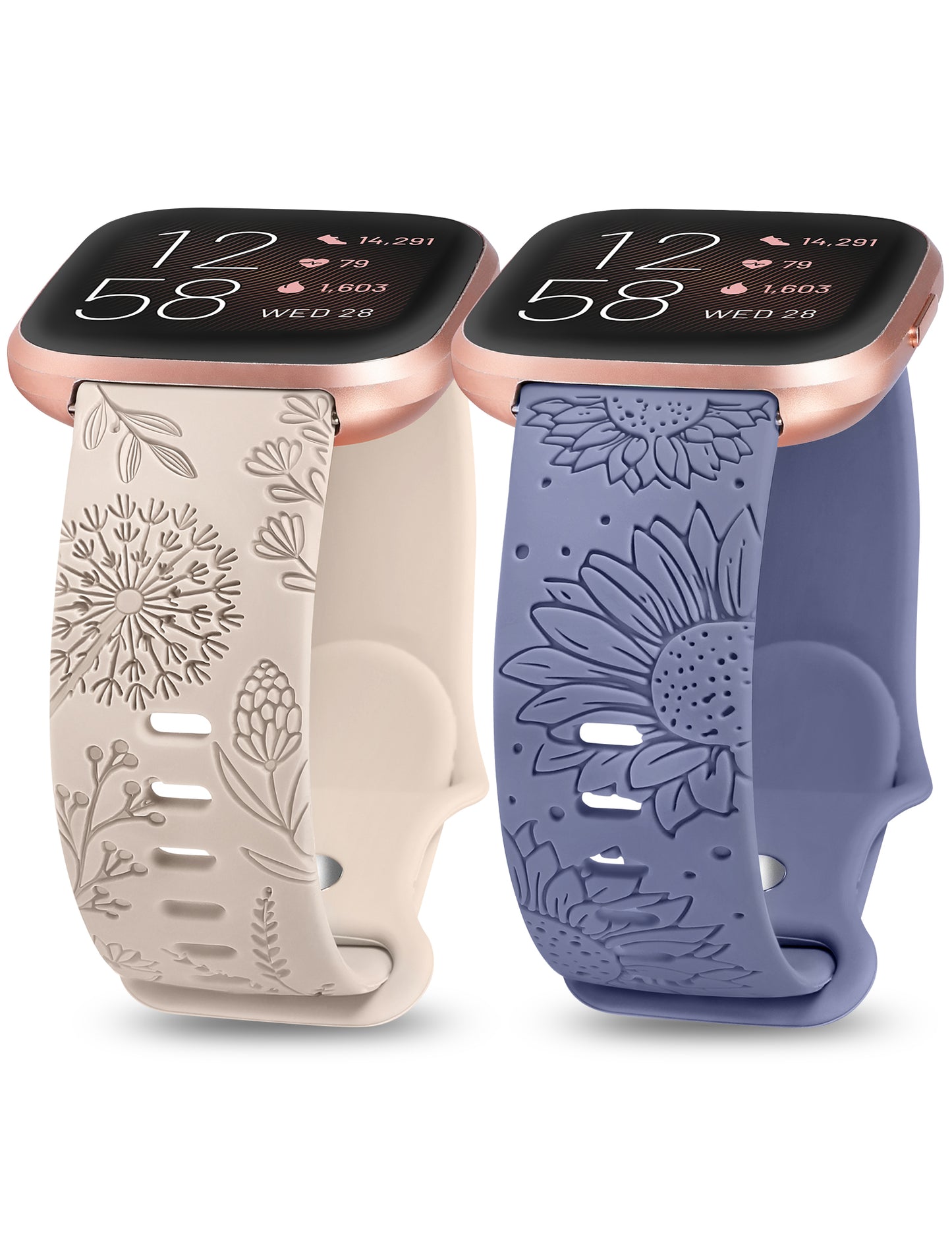 Minyee 2 Packs Floral Engraved Band Compatible with Fitbit Versa 2/Fitbit Versa/Versa Lite Bands Women, Cute Soft Silicone Sunflower Dandelion Sport Designer Fancy Summer Strap for Versa 2 Smart Watch