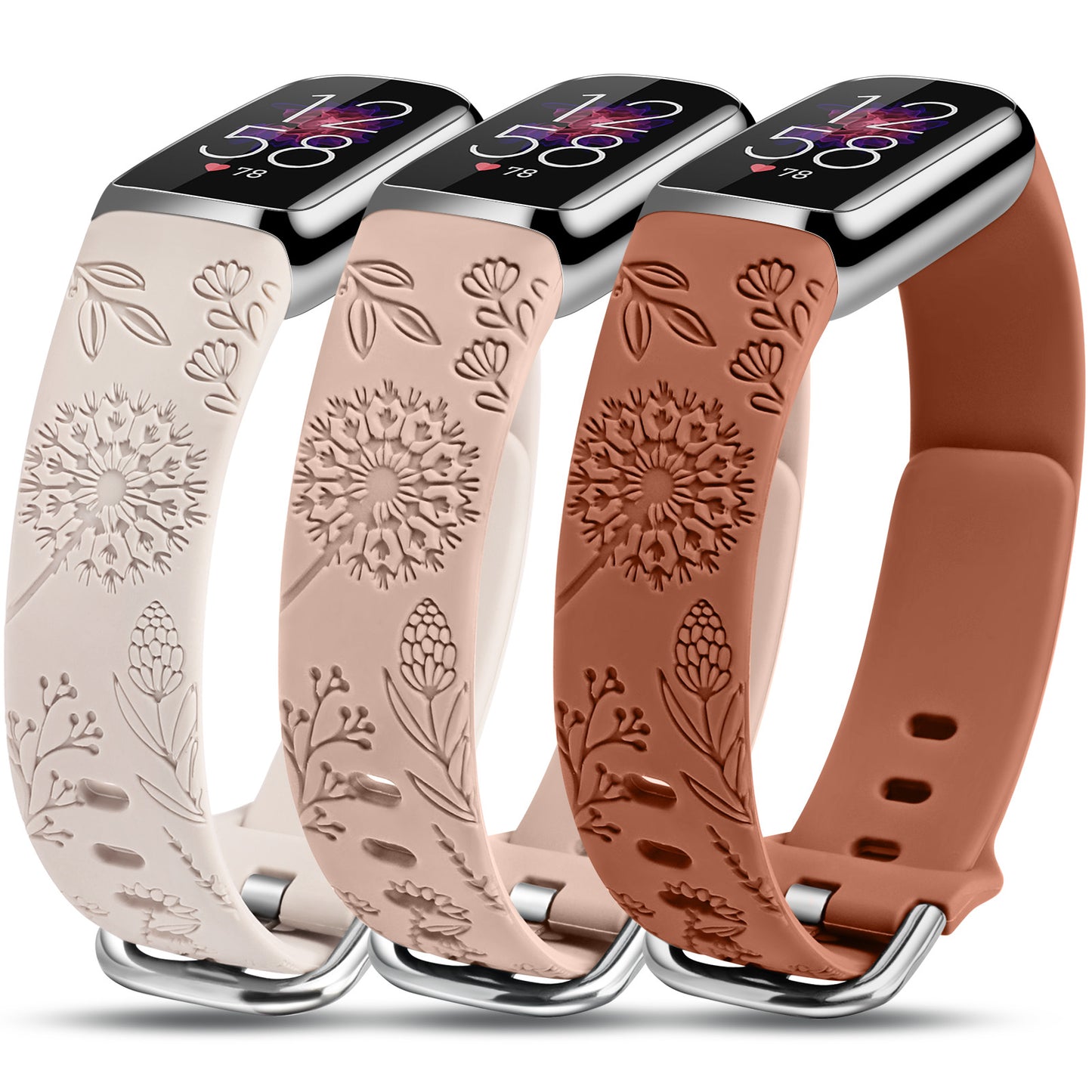 Minyee 3 Packs Compatible with Fitbit Luxe Bands for Women Soft Silicone Floral Engraved Sport Strap Dandelion Wristband Replacement for Fitbit Luxe Watch Bands/Luxe Special Edition Fitness Tracker