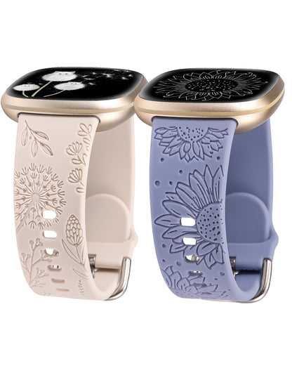 Minyee 2 Packs Floral Engraved Band Compatible with Fitbit Versa 4/Versa 3/Sense 2/Sense Band Women, Cute Silicone Dandelion Sunflower Design Soft Sport Fancy Summer Strap for Versa 4