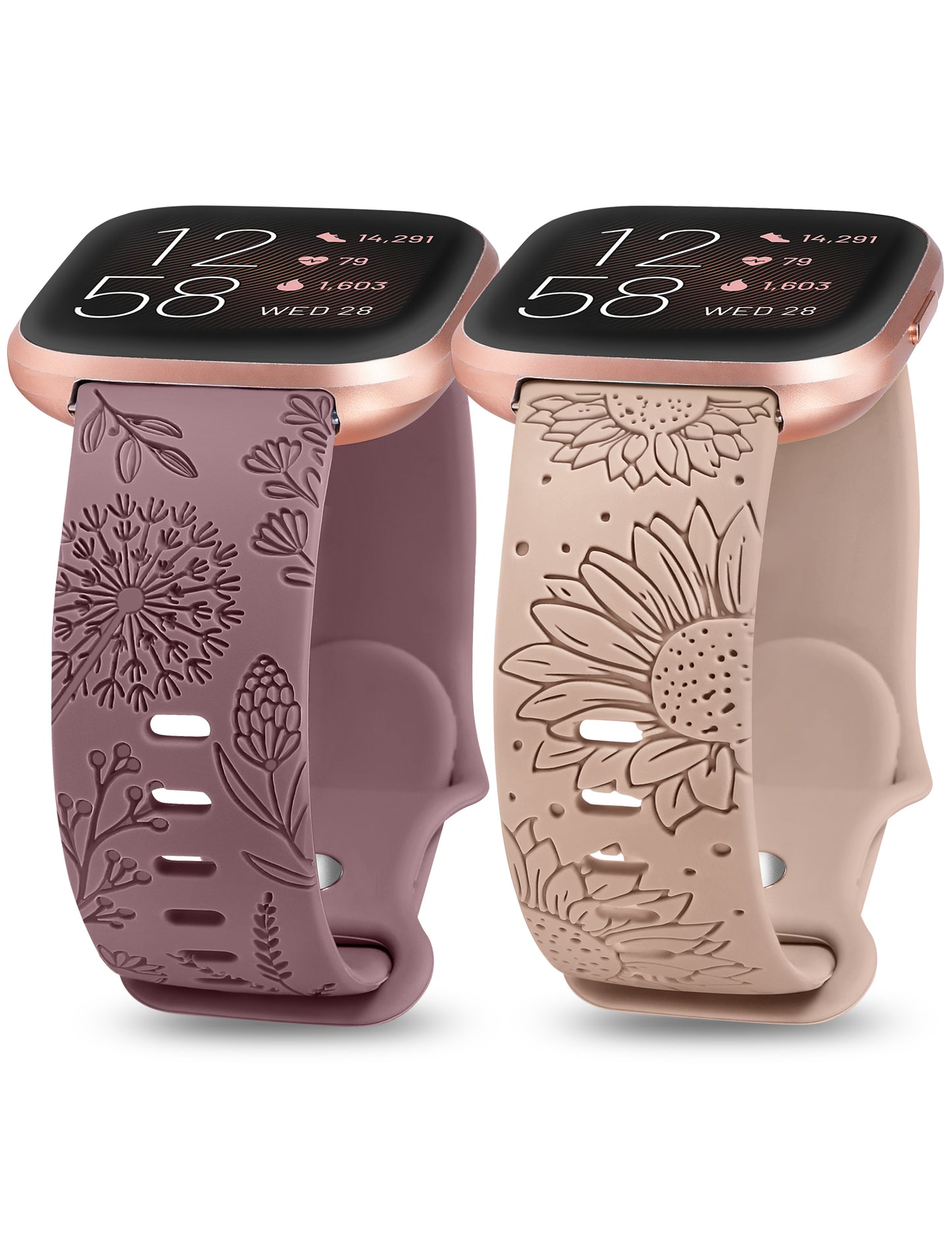 Minyee 2 Packs Floral Engraved Band Compatible with Fitbit Versa 2/Fitbit Versa/Versa Lite Bands Women, Cute Soft Silicone Sunflower Dandelion Sport Designer Fancy Summer Strap for Versa 2 Smart Watch