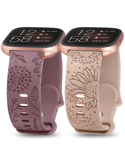 Minyee 2 Packs Floral Engraved Band Compatible with Fitbit Versa 2/Fitbit Versa/Versa Lite Bands Women, Cute Soft Silicone Sunflower Dandelion Sport Designer Fancy Summer Strap for Versa 2 Smart Watch