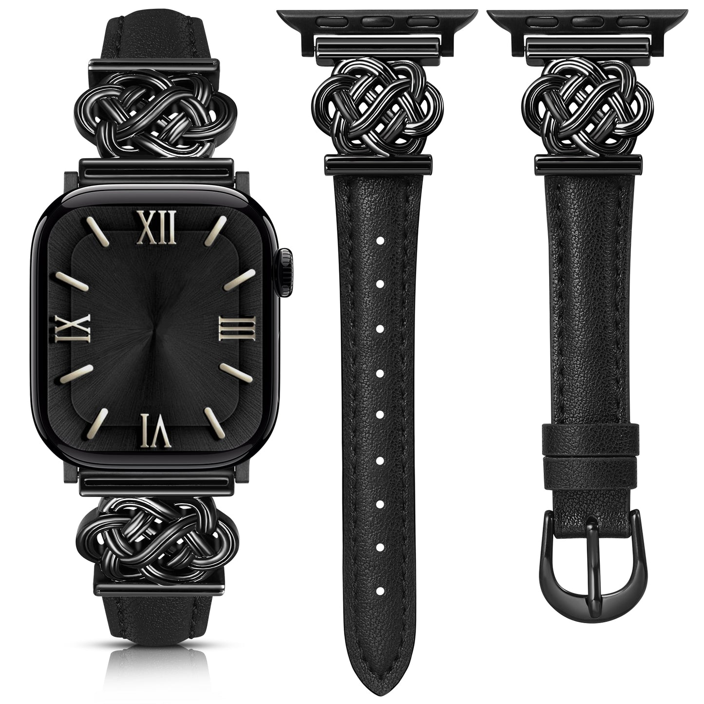 Minyee Celtic Knot Leather Band Compatible with Apple Watch Band 42/46/41/40/38/44/45/49mm Women, Dressy Slim Thin Premium Leather Adjustable Strap for iWatch Series 10 9 Ultra SE 8 7 6 5 4 3 2 1