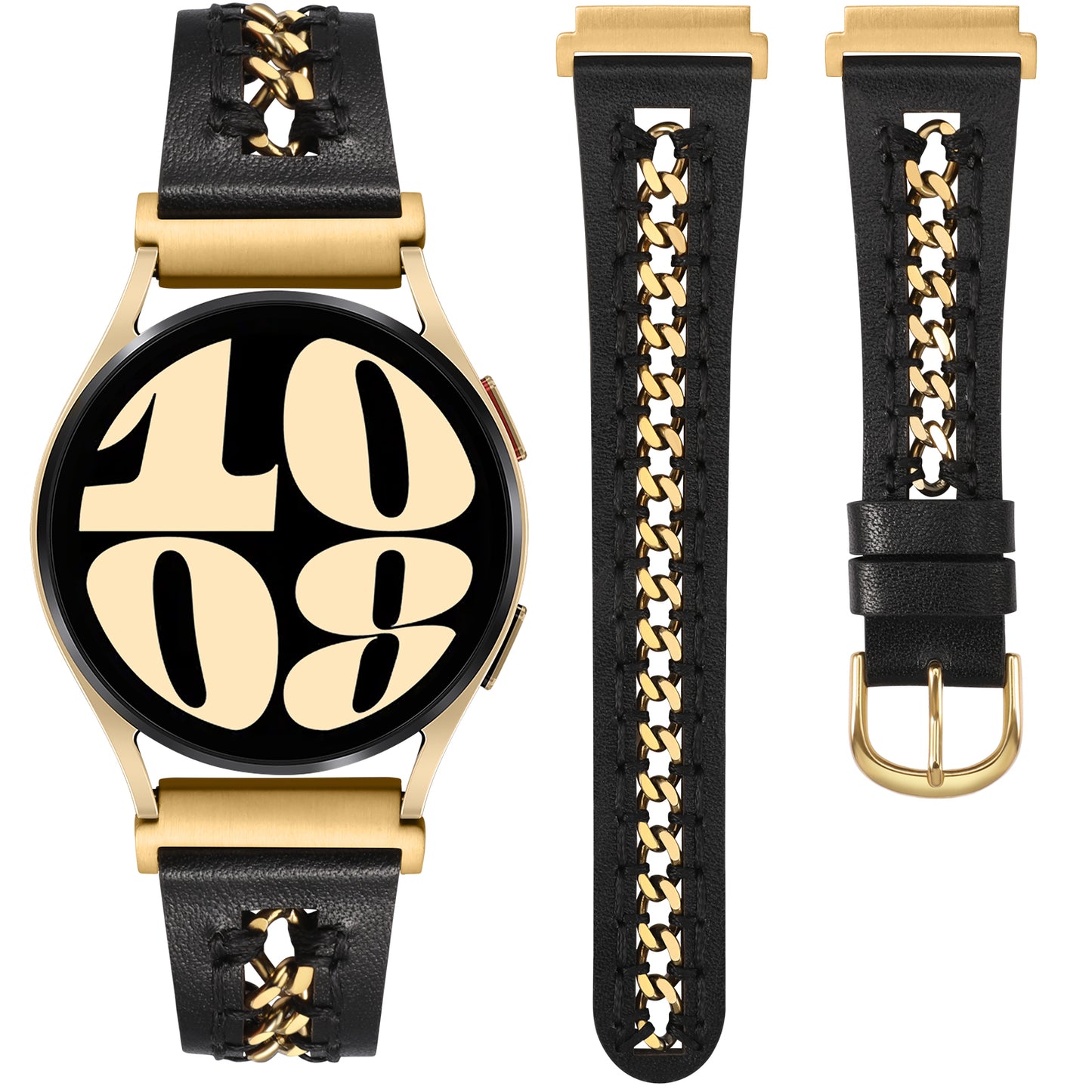 Minyee Leather Band Compatible with Samsung Galaxy Watch 7/6/5/4/FE/Active 2 40mm 44mm/Watch 6 Classic 43/47mm/Watch 5 Pro 45mm Bands, 20mm Dressy Leather Strap with Stainless Steel Metal Chain Women