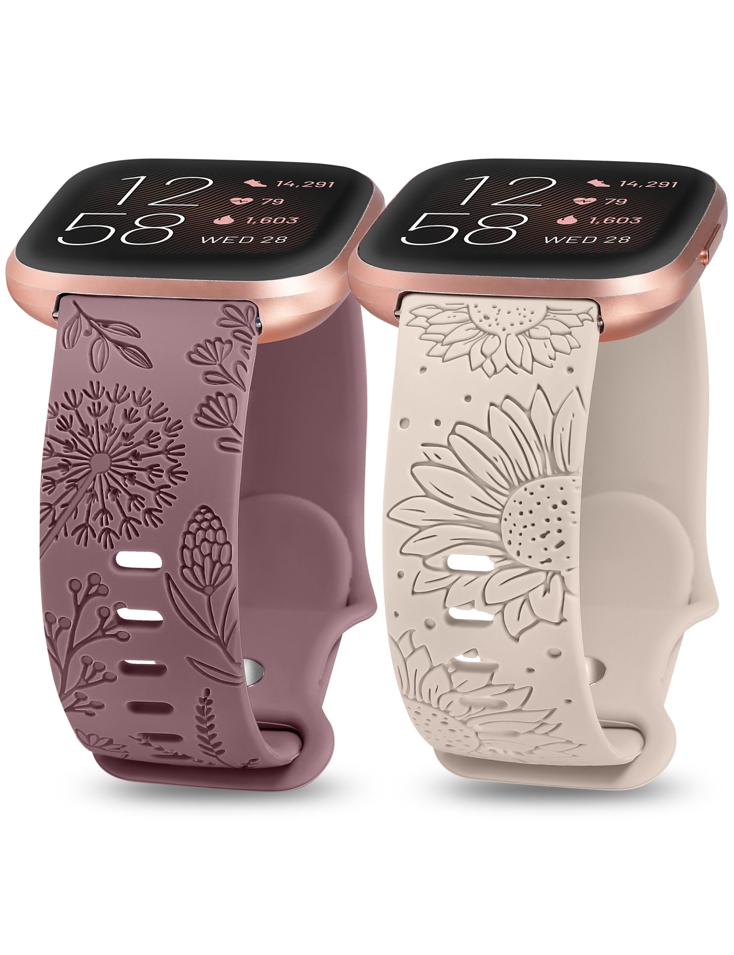 Minyee 2 Packs Floral Engraved Band Compatible with Fitbit Versa 2/Fitbit Versa/Versa Lite Bands Women, Cute Soft Silicone Sunflower Dandelion Sport Designer Fancy Summer Strap for Versa 2 Smart Watch