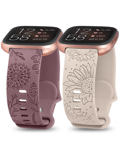 Minyee 2 Packs Floral Engraved Band Compatible with Fitbit Versa 2/Fitbit Versa/Versa Lite Bands Women, Cute Soft Silicone Sunflower Dandelion Sport Designer Fancy Summer Strap for Versa 2 Smart Watch