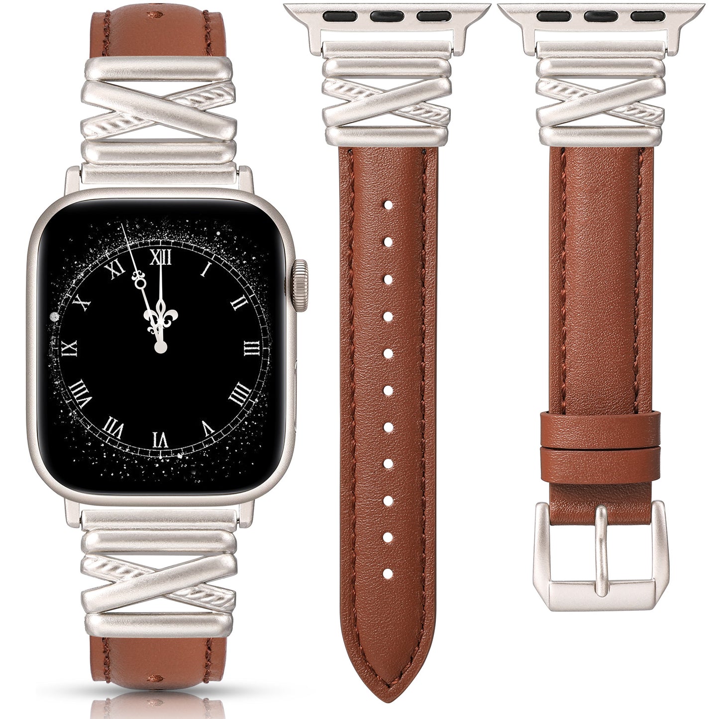 Minyee Leather Bands Compatible with Apple Watch 38/40/41/42/44/45/46/49mm Women, Dressy Slim Premium Leather Strap with Designer X-Shape Metal Buckle for iWatch Series 10 9 Ultra SE 8 7 6 5 4 3 2 1