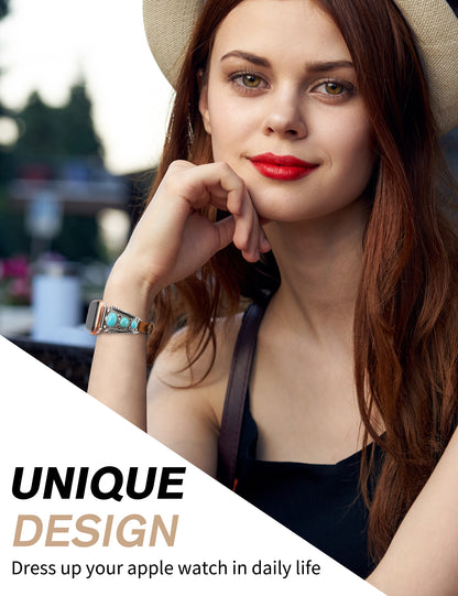 Minyee Leather Band Compatible with Apple Watch Band Women 42/46/38/40/41/44/45/49mm, Boho Western Turquoise Vintage Cowboy Retro Jewelry Adjustable Strap for iWatch Series 10 9 SE 8 7 6 5 4 3 Ultra
