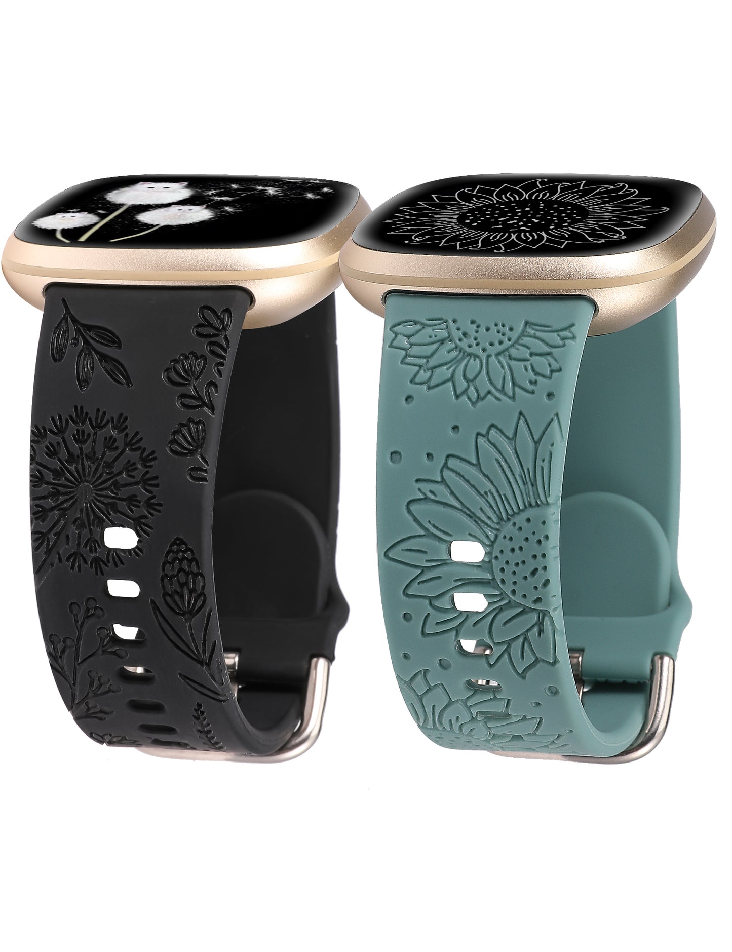 Minyee 2 Packs Floral Engraved Band Compatible with Fitbit Versa 4/Versa 3/Sense 2/Sense Band Women, Cute Silicone Dandelion Sunflower Design Soft Sport Fancy Summer Strap for Versa 4