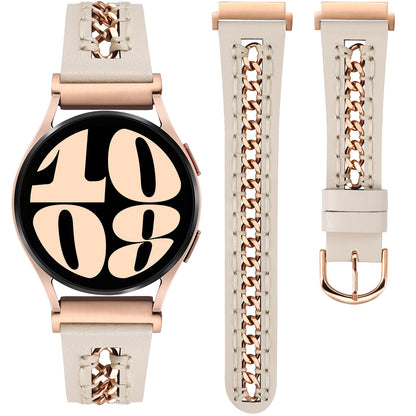 Minyee Leather Band Compatible with Samsung Galaxy Watch 7/6/5/4/FE/Active 2 40mm 44mm/Watch 6 Classic 43/47mm/Watch 5 Pro 45mm Bands, 20mm Dressy Leather Strap with Stainless Steel Metal Chain Women