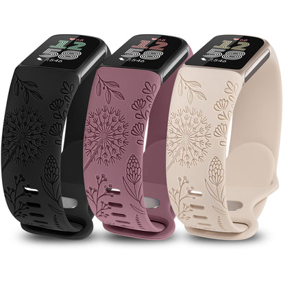 Minyee 3 Packs Floral Engraved Band Compatible with Fitbit Charge 6 Bands/Fitbit Charge 5 Bands Women, Cute Soft Silicone Dandelion Flower Pattern Sport Designer Fancy Summer Strap for Charge 6/5