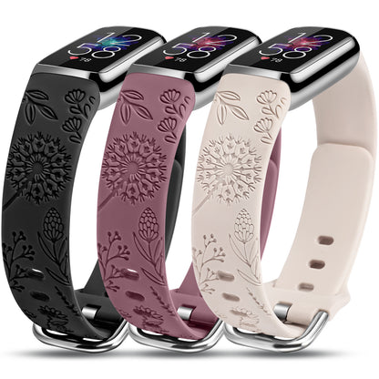Minyee 3 Packs Compatible with Fitbit Luxe Bands for Women Soft Silicone Floral Engraved Sport Strap Dandelion Wristband Replacement for Fitbit Luxe Watch Bands/Luxe Special Edition Fitness Tracker