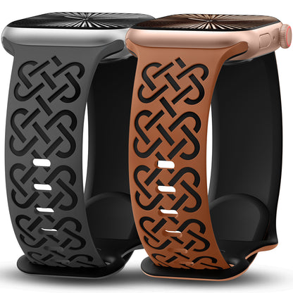Minyee 2 Pack Engraved Bands Compatible with Apple Watch Band 38/40/41/42/44/45/46/49mm, Soft Silicone Cute Two-Tone Celtic Knot Pattern Sport Strap for iWatch Series 11 10 9 8 7 6 5 4 SE/Ultra 3 2 1