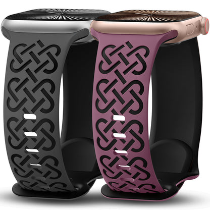 Minyee 2 Pack Engraved Bands Compatible with Apple Watch Band 38/40/41/42/44/45/46/49mm, Soft Silicone Cute Two-Tone Celtic Knot Pattern Sport Strap for iWatch Series 11 10 9 8 7 6 5 4 SE/Ultra 3 2 1