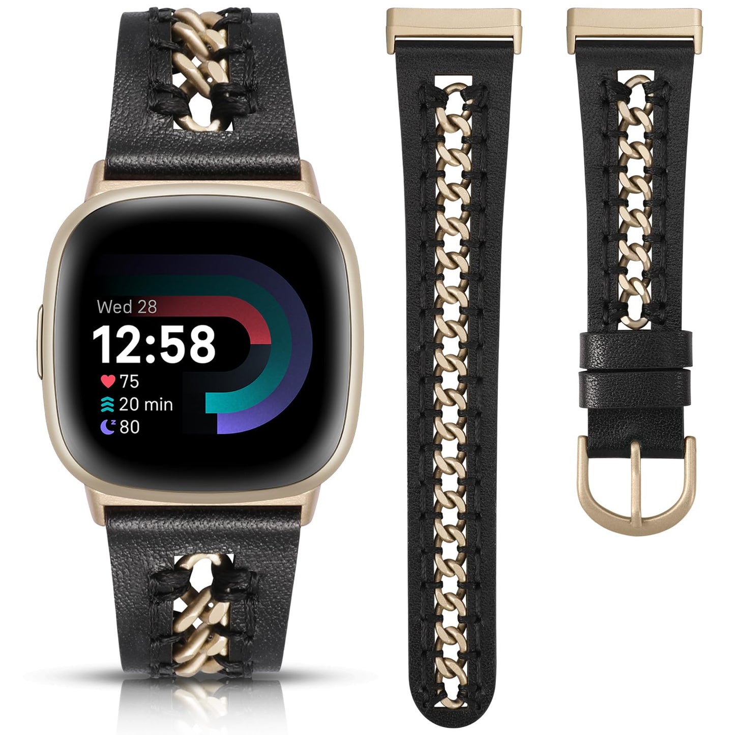 Minyee Leather Band Compatible with Fitbit Versa 4/3/Fitbit Sense 2/1 Bands Women, Dressy Premium Leather Designer Strap with Stainless Steel Metal Chain for Versa 3 4 Sense 2 Smartwatch