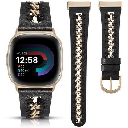 Minyee Leather Band Compatible with Fitbit Versa 4/3/Fitbit Sense 2/1 Bands Women, Dressy Premium Leather Designer Strap with Stainless Steel Metal Chain for Versa 3 4 Sense 2 Smartwatch