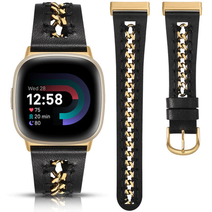 Minyee Leather Band Compatible with Fitbit Versa 4/3/Fitbit Sense 2/1 Bands Women, Dressy Premium Leather Designer Strap with Stainless Steel Metal Chain for Versa 3 4 Sense 2 Smartwatch