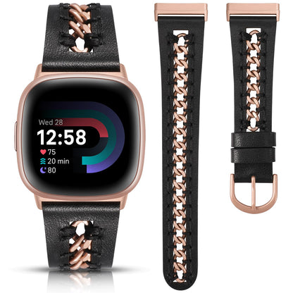 Minyee Leather Band Compatible with Fitbit Versa 4/3/Fitbit Sense 2/1 Bands Women, Dressy Premium Leather Designer Strap with Stainless Steel Metal Chain for Versa 3 4 Sense 2 Smartwatch