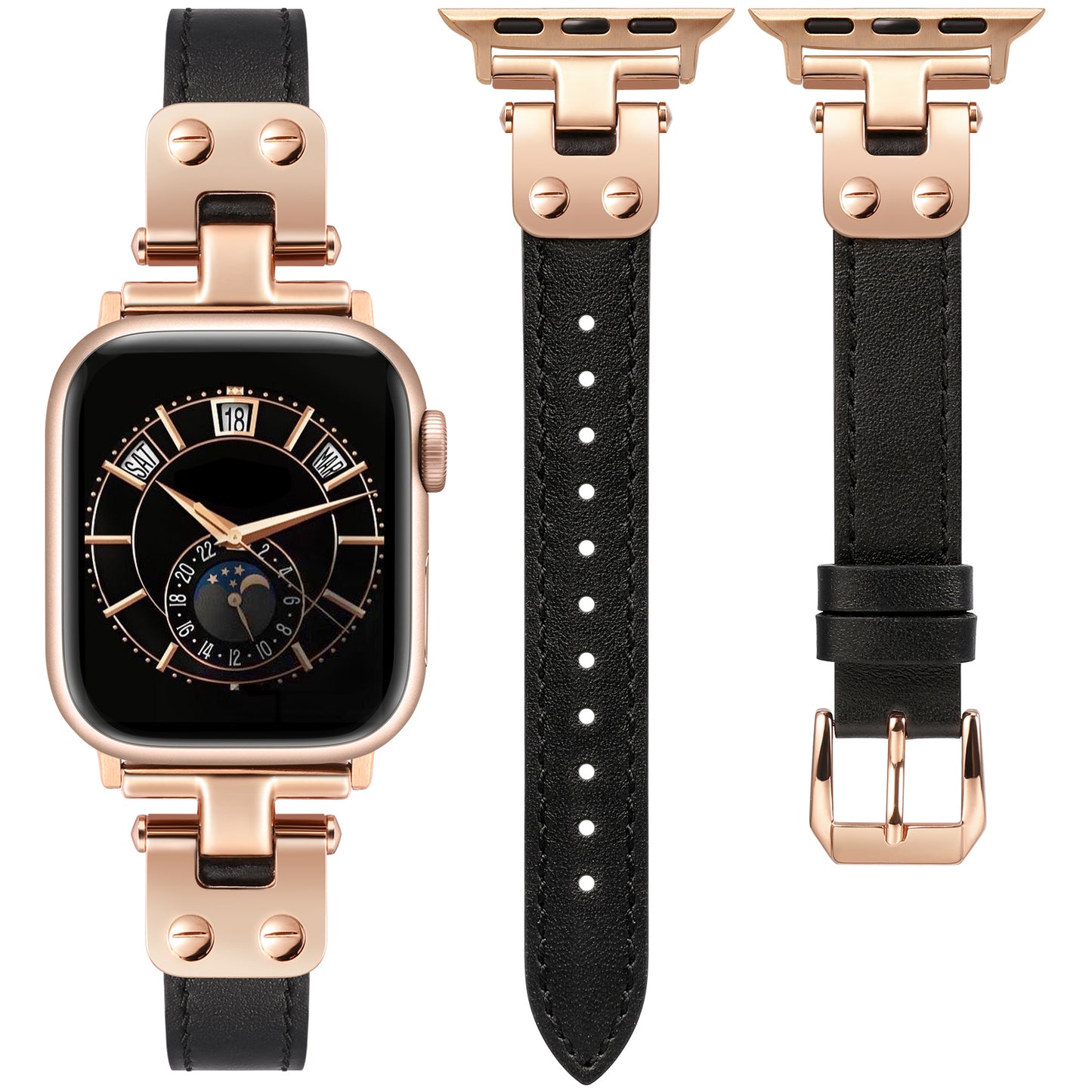 Minyee Slim Leather Band Compatible with Apple Watch Bands 38/40/41/42/44/45/46/49mm Women, Dressy Thin Soft Leather Strap with Designer Tapered Metal Buckle for iWatch Series 10/9/SE/8/7/6/5/4/3/2/1