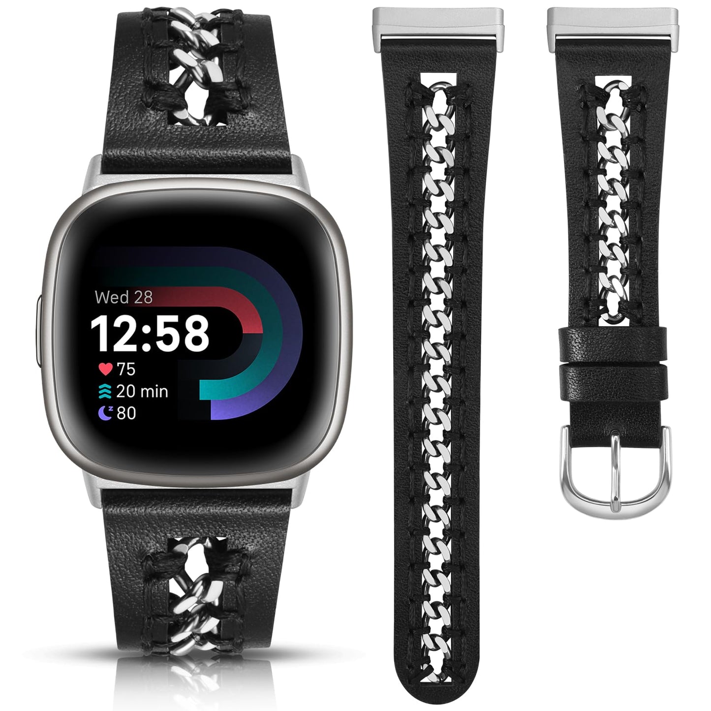 Minyee Leather Band Compatible with Fitbit Versa 4/3/Fitbit Sense 2/1 Bands Women, Dressy Premium Leather Designer Strap with Stainless Steel Metal Chain for Versa 3 4 Sense 2 Smartwatch