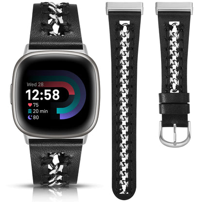 Minyee Leather Band Compatible with Fitbit Versa 4/3/Fitbit Sense 2/1 Bands Women, Dressy Premium Leather Designer Strap with Stainless Steel Metal Chain for Versa 3 4 Sense 2 Smartwatch