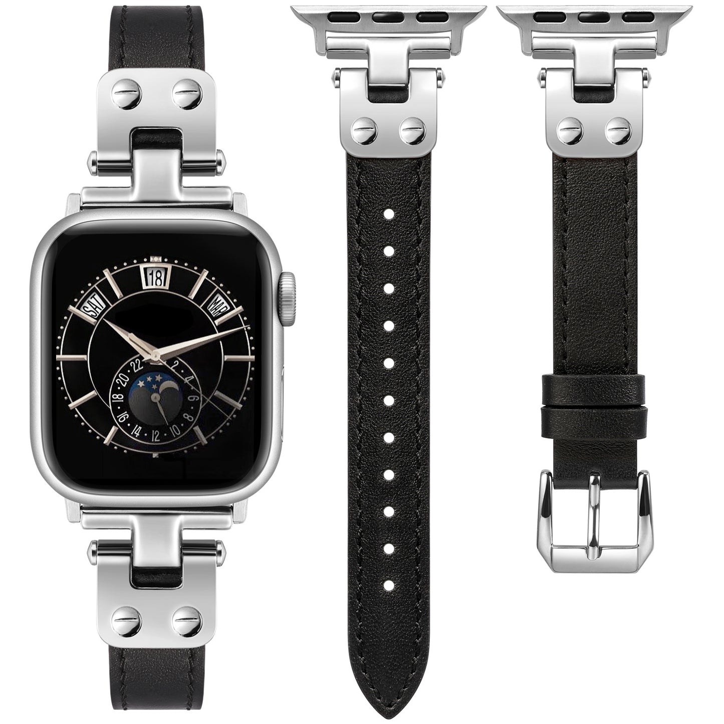 Minyee Slim Leather Band Compatible with Apple Watch Bands 38/40/41/42/44/45/46/49mm Women, Dressy Thin Soft Leather Strap with Designer Tapered Metal Buckle for iWatch Series 10/9/SE/8/7/6/5/4/3/2/1