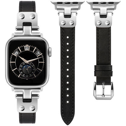 Minyee Slim Leather Band Compatible with Apple Watch Bands 38/40/41/42/44/45/46/49mm Women, Dressy Thin Soft Leather Strap with Designer Tapered Metal Buckle for iWatch Series 10/9/SE/8/7/6/5/4/3/2/1