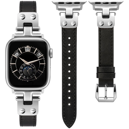 Minyee Slim Leather Band Compatible with Apple Watch Bands 38/40/41/42/44/45/46/49mm Women, Dressy Thin Soft Leather Strap with Designer Tapered Metal Buckle for iWatch Series 10/9/SE/8/7/6/5/4/3/2/1