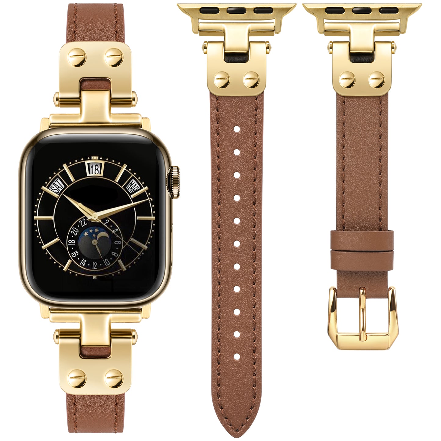 Minyee Slim Leather Band Compatible with Apple Watch Bands 38/40/41/42/44/45/46/49mm Women, Dressy Thin Soft Leather Strap with Designer Tapered Metal Buckle for iWatch Series 10/9/SE/8/7/6/5/4/3/2/1