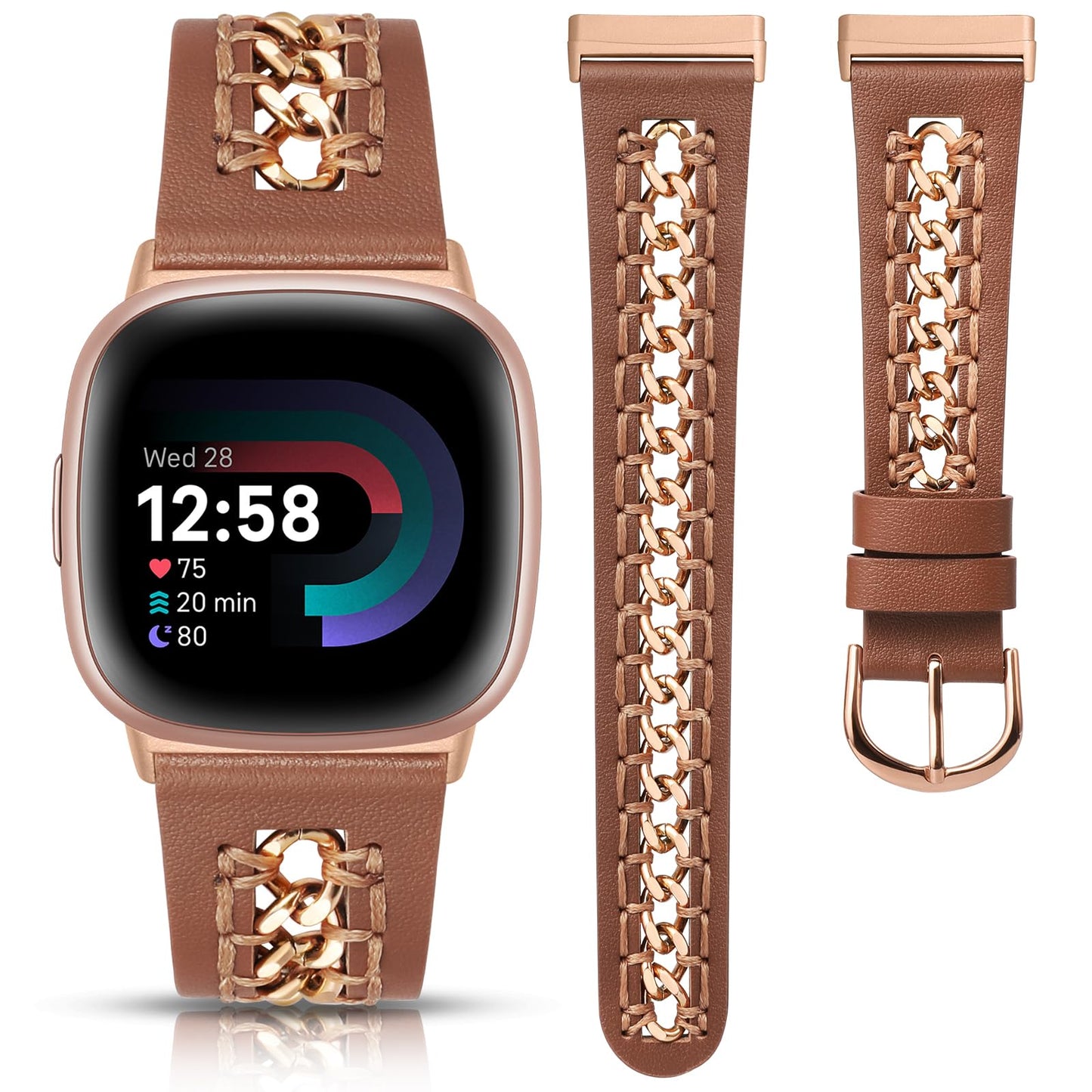 Minyee Leather Band Compatible with Fitbit Versa 4/3/Fitbit Sense 2/1 Bands Women, Dressy Premium Leather Designer Strap with Stainless Steel Metal Chain for Versa 3 4 Sense 2 Smartwatch