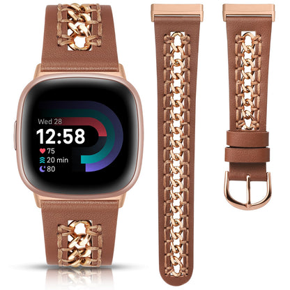 Minyee Leather Band Compatible with Fitbit Versa 4/3/Fitbit Sense 2/1 Bands Women, Dressy Premium Leather Designer Strap with Stainless Steel Metal Chain for Versa 3 4 Sense 2 Smartwatch